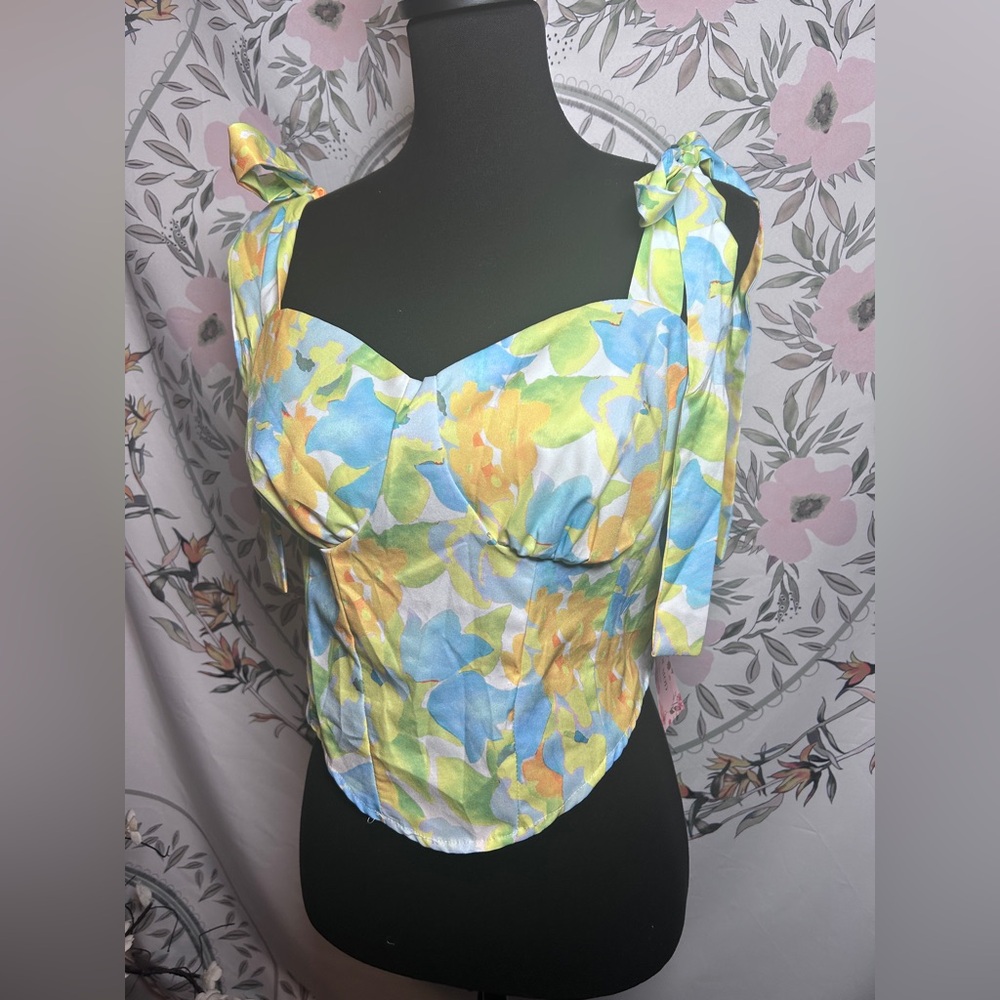 Pastel Floral Tie Strap Crop Top Smocked Back XL Cottagecore